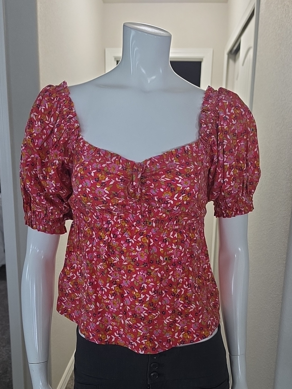 Billabong Pink Floral Puff-Sleeve Square Neck Top